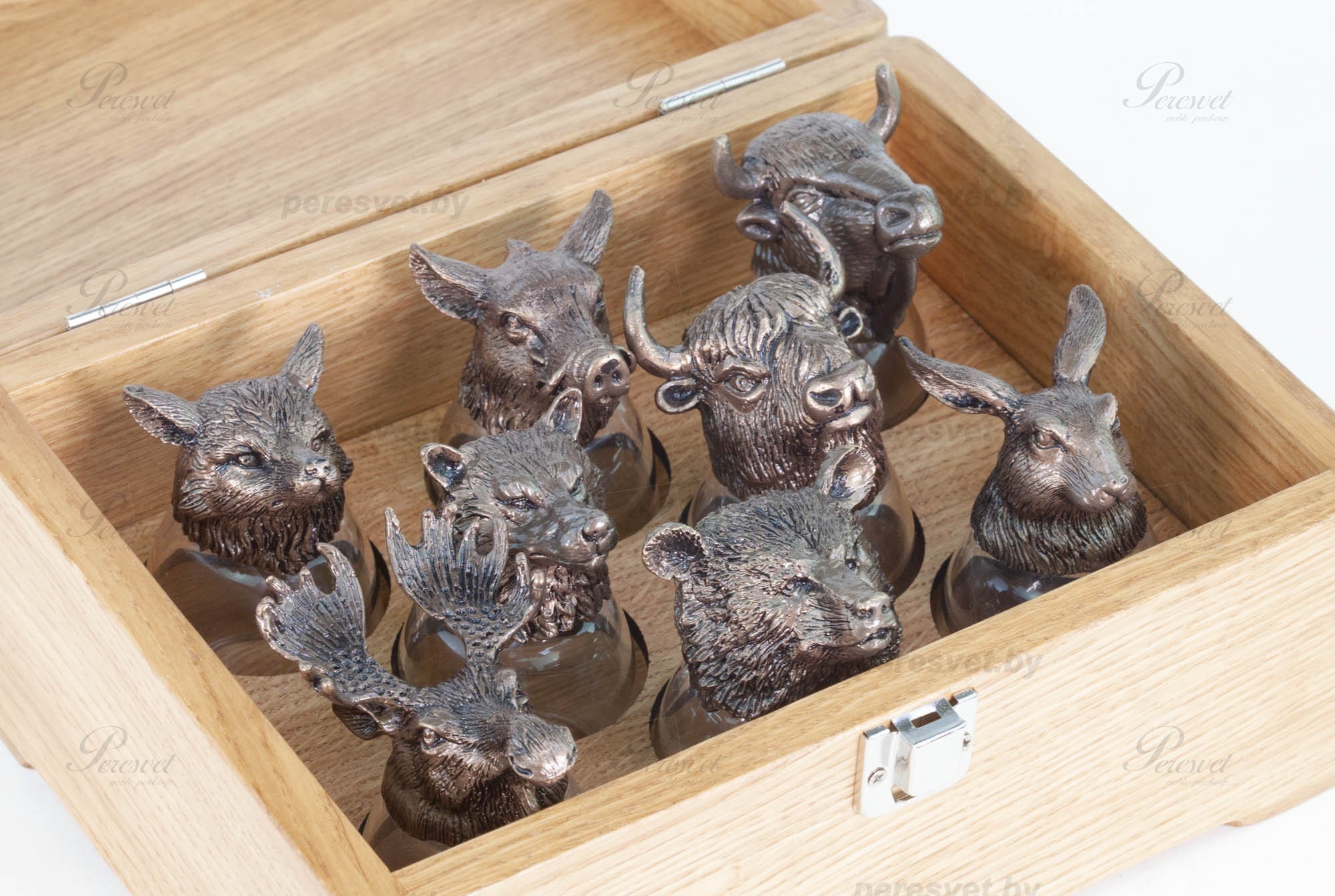 рюмки перевертыши, стопки перевертыши, рюмка перевертыш бронза, рюмки перевертыши с головами, стопки перевертыши, купить стопку перевертыш, рюмки перевертыши с головами животных, рюмки перевертыши с головами животных купить, художественное литьё Набор рюмок перевертышей Elite бронза художественное литьё в дубовой упаковке на peresvet.by